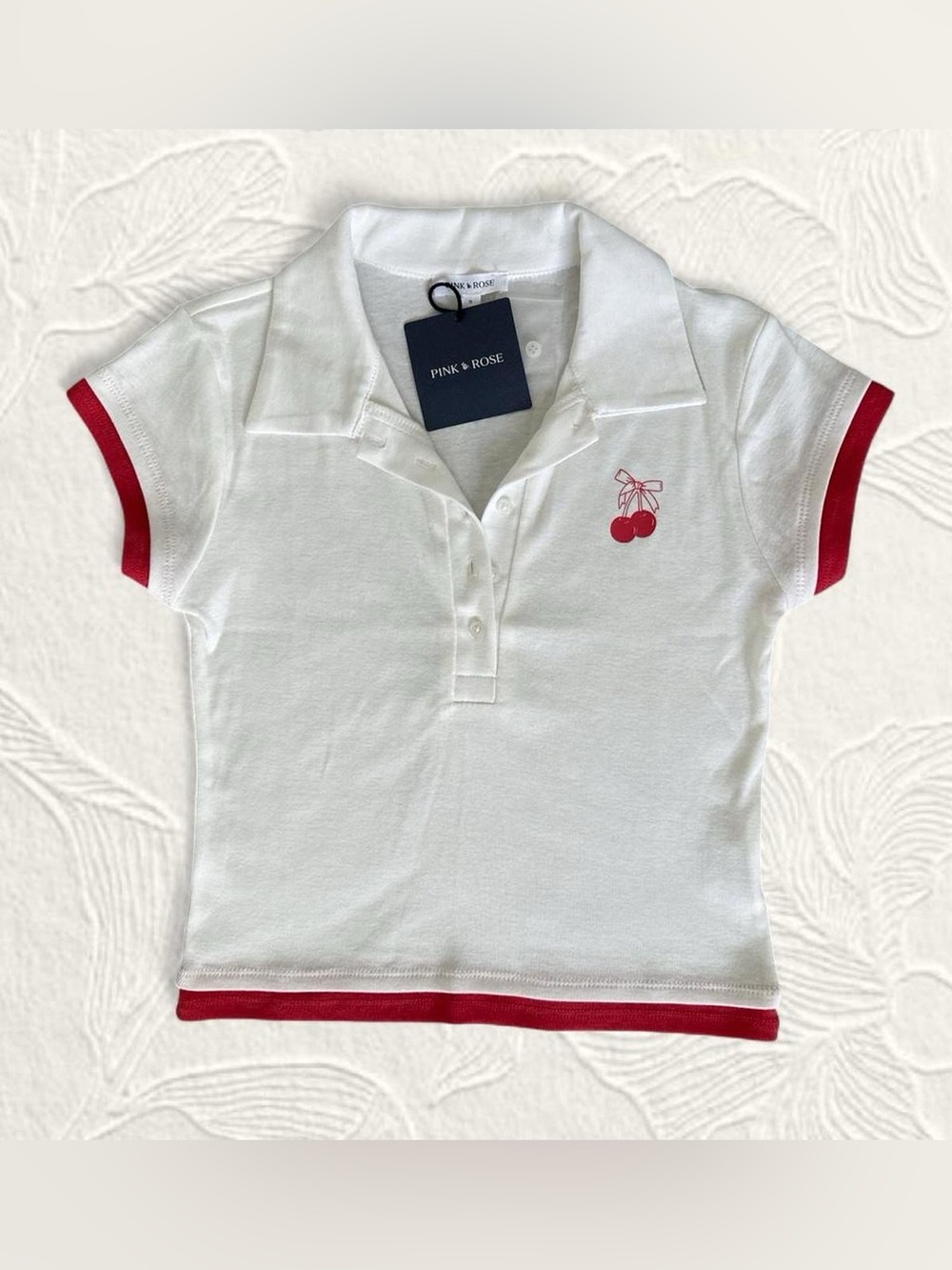 Pink Rose White Polo Top with Red Trim and Cherry Motif